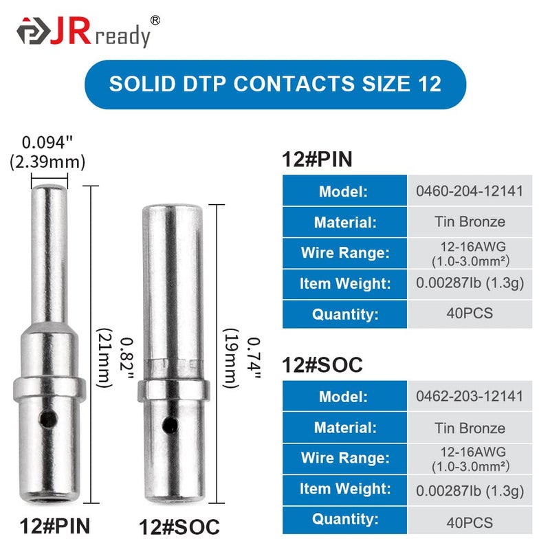 Jrready Deutsch Connector Pins And Sockets Solid Contacts Size 12 St6280-40 Pairs Male Pins 0460-204-12141/ Female Pins 0462-203-12141, Dtp Connector Terminals Wire Size 12-16Awg - Image 3
